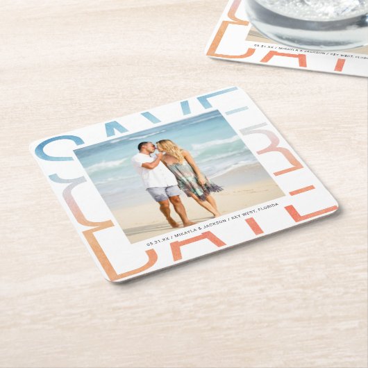 日付の水の色の写真のグラデーション発表を保存 スクエアペーパーコースター (アングル)