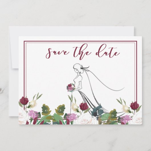 日付の水の色を保存ホワイトローゼクランベリー 招待状 (正面)