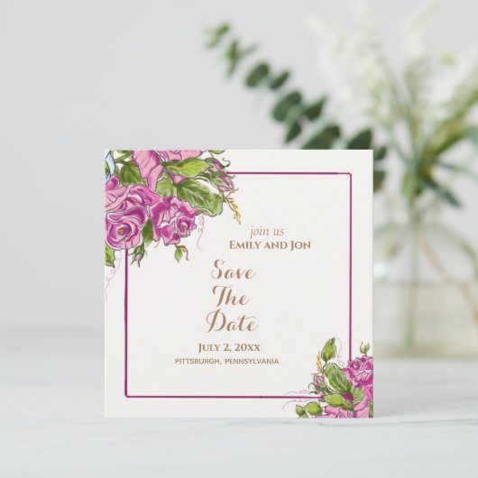 日付の水の色エレガントピンクのバラのカードを保存 セーブザデート (スタンド正面)