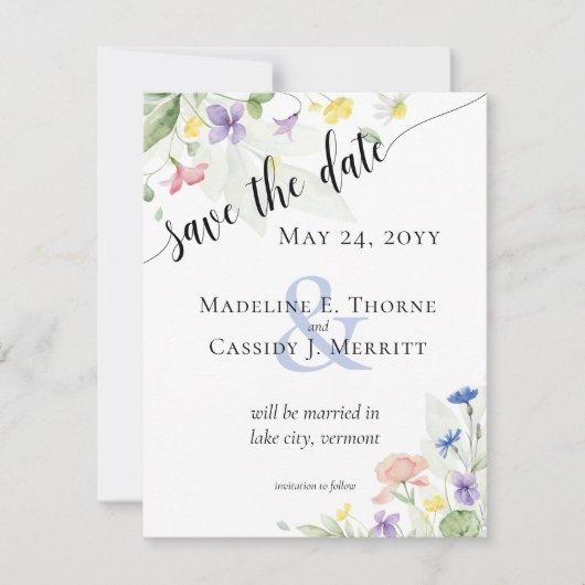 日付の水の色シンプルのワイルドフラワーの結婚保存 招待状 (正面)