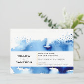 日付の水の色モダンを濃いミニマル青色で保存 セーブザデート (スタンド正面)