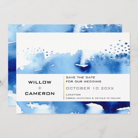 日付の水の色モダンを濃いミニマル青色で保存 セーブザデート (正面/裏面)