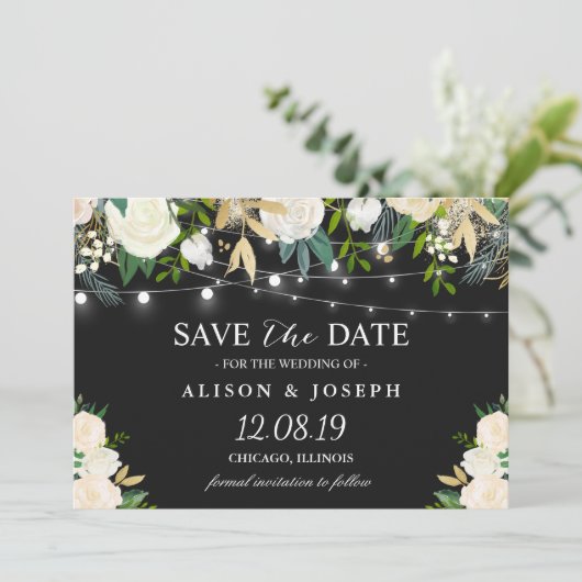 日付の水カラーのアイボリーフローラ文字列ライトを保存 セーブザデート (スタンド正面)