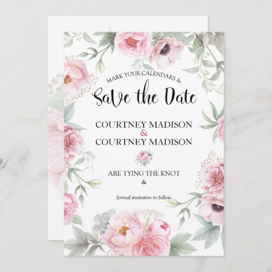 日付の水彩画のピンクのバラの花を救って下さい セーブザデート (正面/裏面)