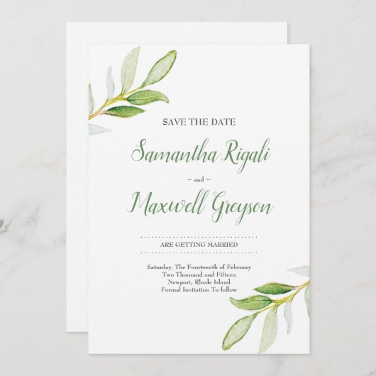 日付の水彩画の緑の草木を救って下さい セーブザデート (正面/裏面)