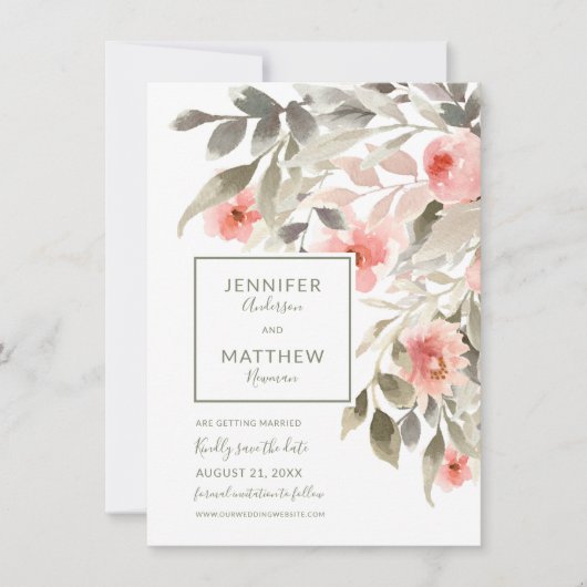 日付の水彩画の赤面を上がりました写真と救って下さい 招待状 (正面)