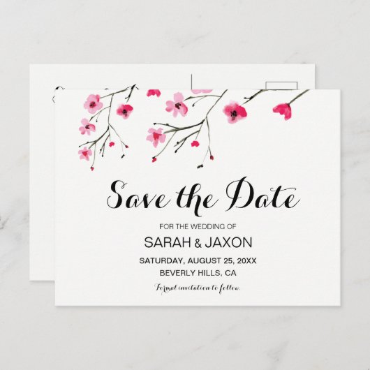 日付の水色のさくらんぼの花を保存 案内ポストカード (正面/裏面)