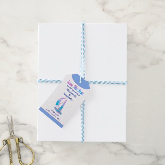 日付の水色の結婚保存先を保存 ギフトタグ (より糸付き)