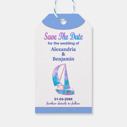 日付の水色の結婚保存先を保存 ギフトタグ (裏面)