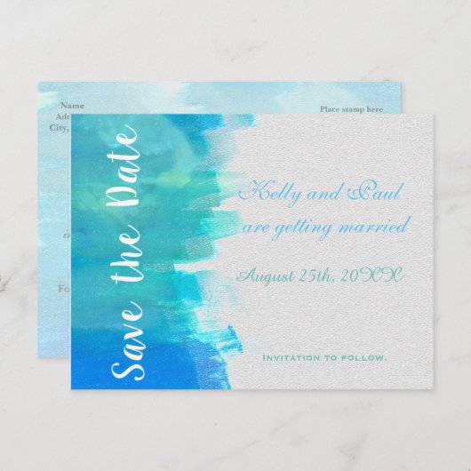 日付の水色の青いビーチはがきを保存 案内ポストカード (正面/裏面)