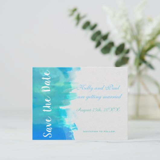 日付の水色の青いビーチはがきを保存 案内ポストカード (スタンド正面)