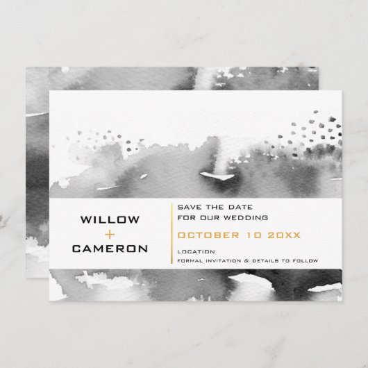 日付の水色の黒モダン色ミニマル金ゴールドを保存 セーブザデート (正面/裏面)