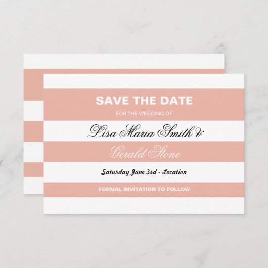日付の珊瑚及び白くエレガントでストライプな結婚式を救って下さい セーブザデート (正面/裏面)
