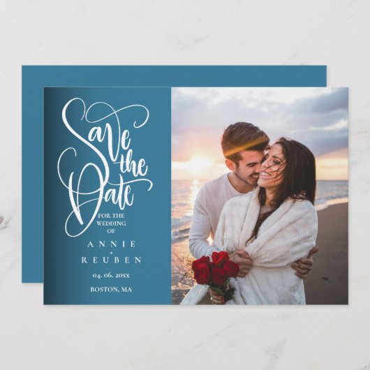 日付の白いスエレガントクリプトの写モダン真 招待状 (正面/裏面)