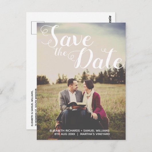 日付の白いスクリプトお洒落のフォトオーバーレイを保存 ポストカード (正面/裏面)