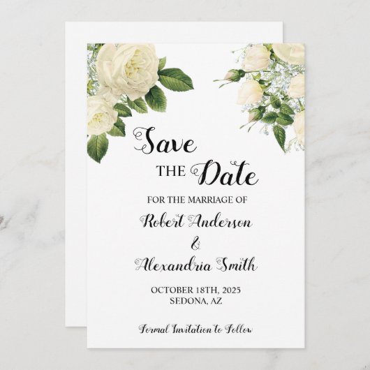 日付の白い結婚花を保存 招待状 (正面/裏面)