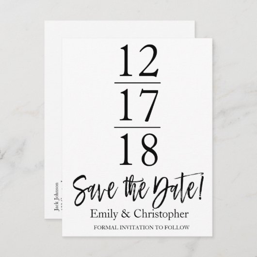 日付の白黒スクリプトのモダン保存 案内ポストカード (正面/裏面)