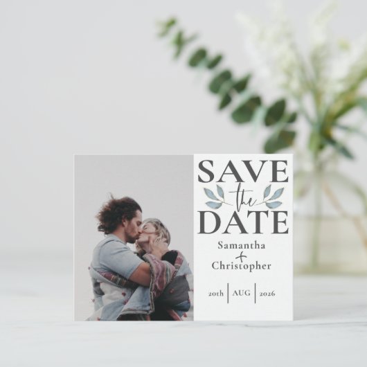 日付の白黒写真テンプレートの結婚保存 案内ポストカード (スタンド正面)