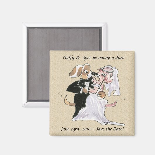 日付の磁石を保存する漫画の犬の結婚式 マグネット (正面/裏面)