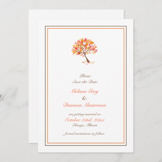 日付の秋のテーマの木平らなカードを救って下さい セーブザデート (正面/裏面)