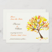 日付の秋のテーマの木平らなカードを救って下さい セーブザデート (正面/裏面)