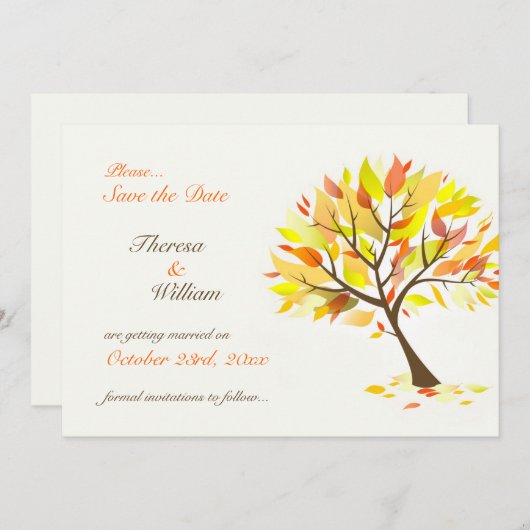 日付の秋のテーマの木平らなカードを救って下さい セーブザデート (正面/裏面)