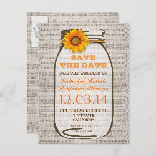 日付の素朴なバーラップのメイソンの瓶ひまわり以外 案内ポストカード (正面/裏面)