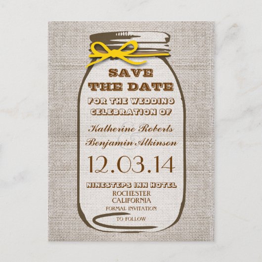 日付の素朴なバーラップ・メイソンの瓶を除く 案内ポストカード (正面)