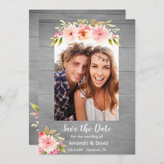 日付の素朴なフォトカードダリア花を保存 セーブザデート (正面/裏面)