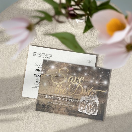 日付の素朴な木製のメーソンジャーのひもライトを救って下さい 案内ポストカード