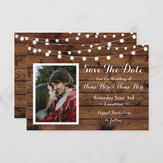 日付の素朴な木製の素朴な写真の招待を救って下さい セーブザデート (正面/裏面)
