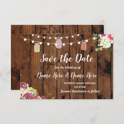 日付の素朴な瓶ライト木製の花の招待を救って下さい セーブザデート (正面/裏面)