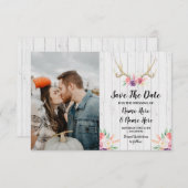 日付の素朴な(雄ジカの)枝角の雄鹿の花柄の写真を救って下さい セーブザデート (正面/裏面)