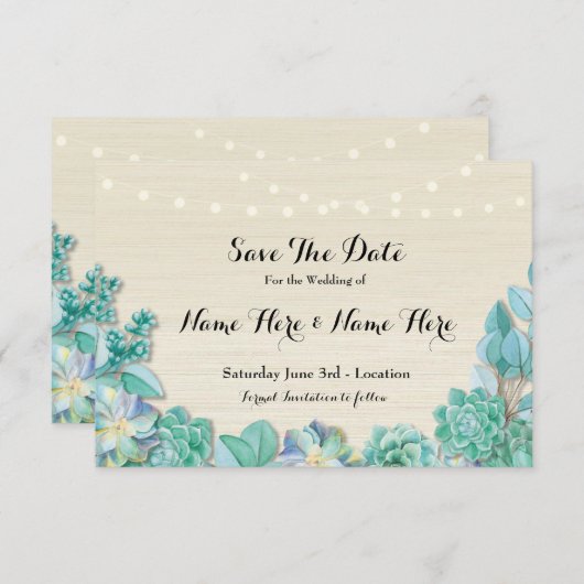 日付の素朴なSucculents真新しいライト招待を救って下さい セーブザデート (正面/裏面)