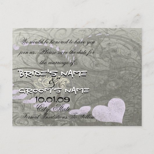 日付の紫と灰色のハートと渦巻きを保存 案内ポストカード (裏面)