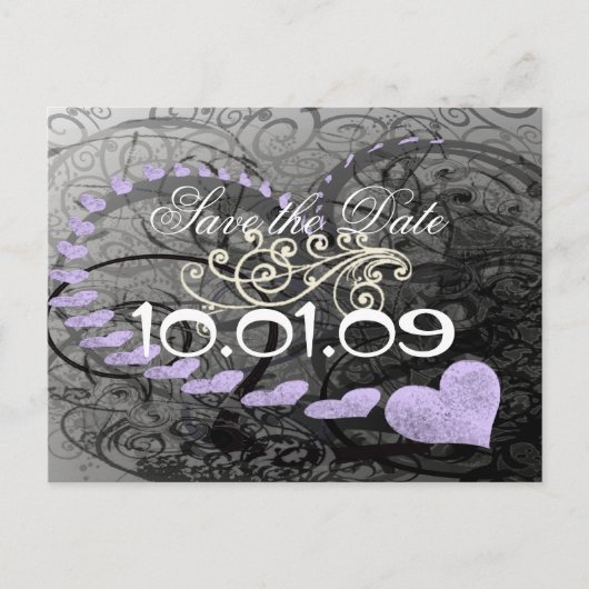 日付の紫と灰色のハートと渦巻きを保存 案内ポストカード (正面)