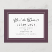 日付の紫の結婚スクリプエレガントトを保存モダンする 案内ポストカード (正面)