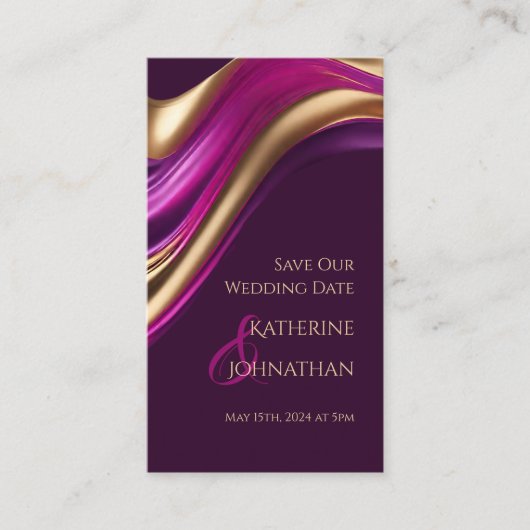 日付の紫の結婚明るい赤紫色と金ゴールドの保存 名刺 (正面)