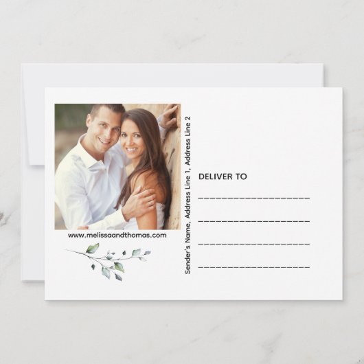 日付の結婚式のカードを保存する植物性の緑 招待状 (裏面)