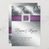 日付の結婚式のダマスク織の宝石の紫色の銀を救って下さい セーブザデート (正面/裏面)