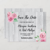 日付の結婚式の招待状の花のピンクのバラを救って下さい セーブザデート (正面/裏面)