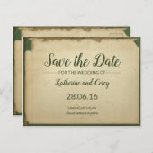 日付の緑とベージュの羊皮紙を結婚保存する ポストカード (正面/裏面)