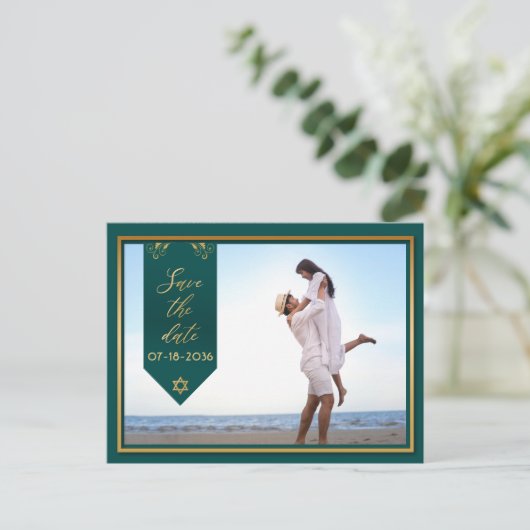 日付の緑と金ゴールド枠のはがきを保存 案内ポストカード (スタンド正面)