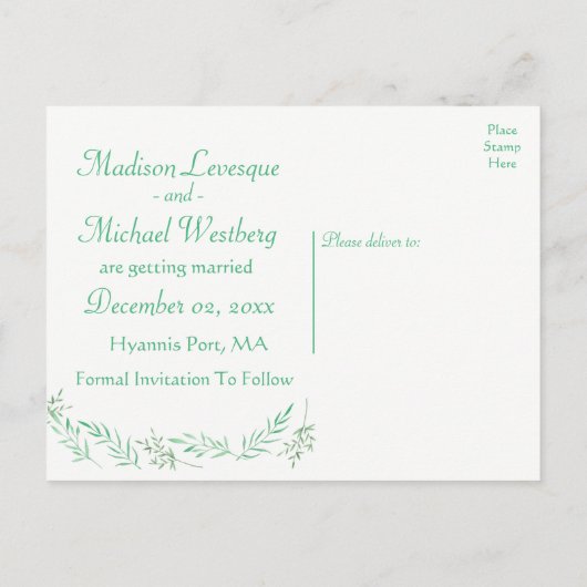 日付の緑の結婚ローレルリーフ婚約を保存 案内ポストカード (裏面)