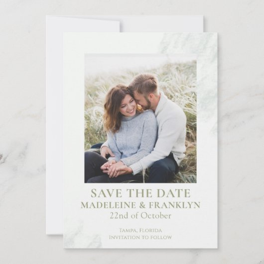 日付の緑の結婚水彩写真を保存 招待状 (正面)