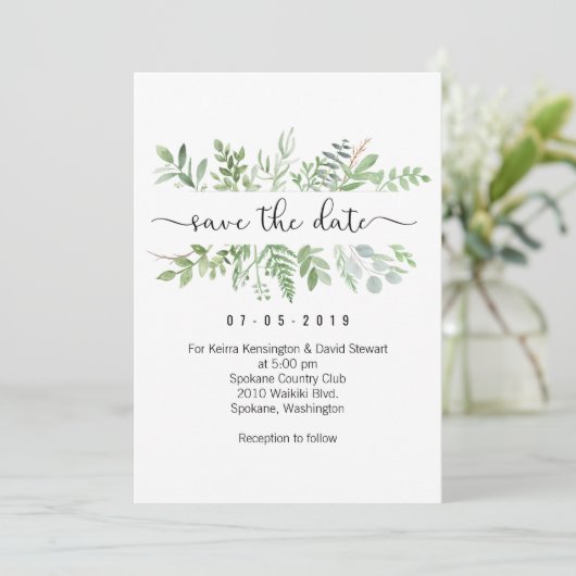 日付の緑の草木の招待状カードを救って下さい 招待状 (スタンド正面)