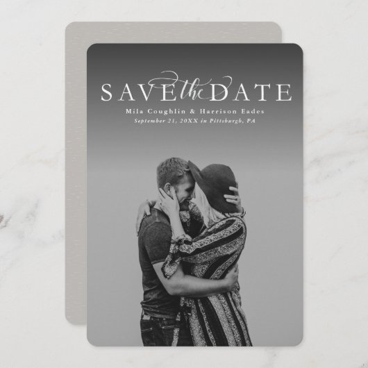 日付の縦の写真エレガントカードを保存 セーブザデート (正面/裏面)