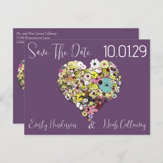 日付の花とハートの離れ形状を保存 案内ポストカード (正面/裏面)