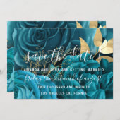 日付の花嫁のフローラ結婚金ゴールドブルーアクアを保存 セーブザデート (正面/裏面)