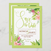日付の花柄の発表を救って下さい 招待状 (正面/裏面)